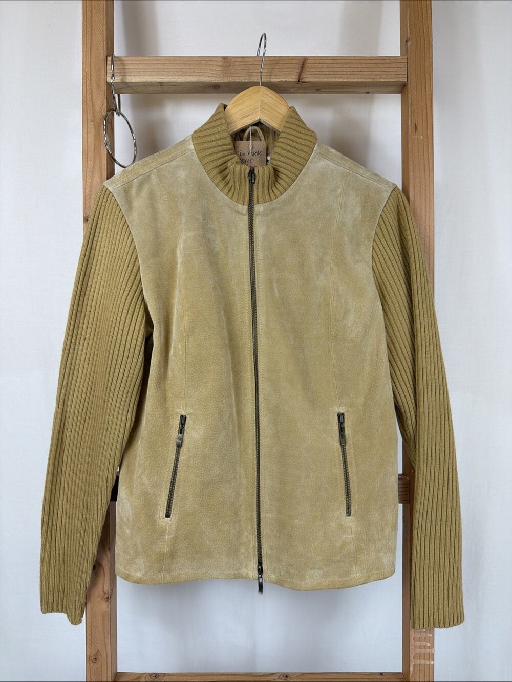 Vintage A.M.I. Tan Zip Up Zip Pockets Suede Sweater Knit Jacket #1276 Size M